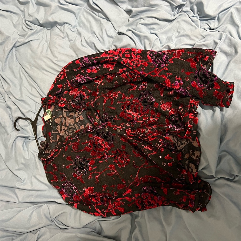 Coldwater Creek Red and Purple Floral Lace Top